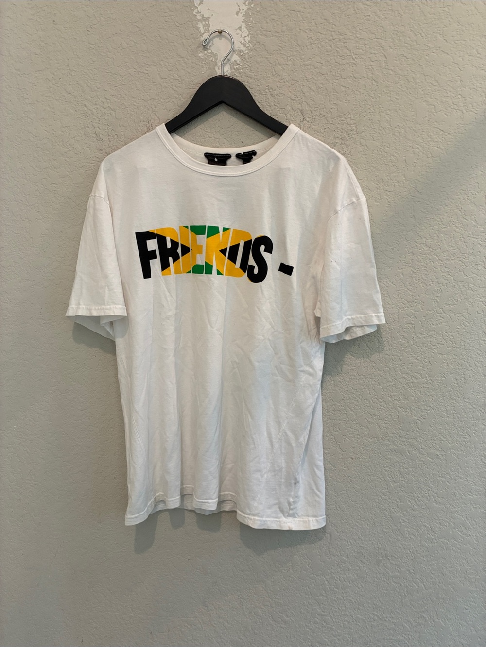 VLONE White Short Sleeve Tee with Black, Yellow & Green Graphic